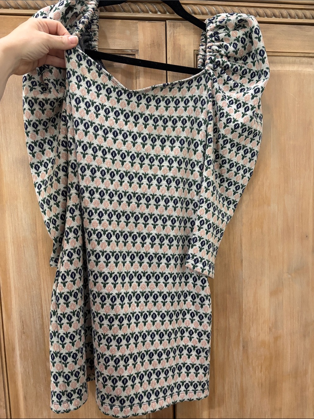 Corey Lynn Calter Cream, Navy & Pink Puff-Sleeve Sweater Dress